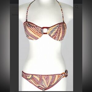"Sand n Surf" Cranberry Bandeau Bikini Top and Hipster Bottom by Geftaki Size M
